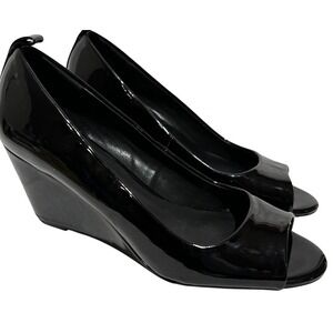 KENNETH COLE Black Patent Leather Peep Toe‎ Wedge Heels Shoes sz 7 office Siren